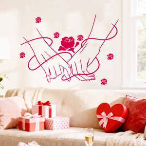 Romantic red line art wall sticker featuring rose and hands holding pinkies for home decor