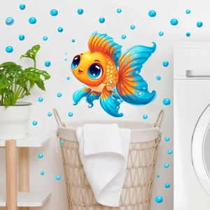 Detailed view of luminous cartoon goldfish and blue bubble wall stickers on a white wall