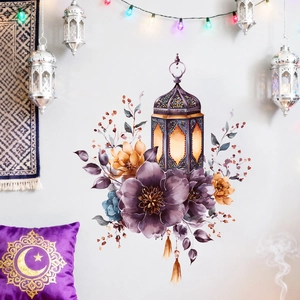 Eid Mubarak wall sticker featuring purple lantern and flowers for festive home decoration