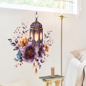 Floral Ramadan lantern wall sticker with purple and orange flowers for home decor