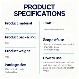Detailed PVC wall sticker specifications including material, size, and application guide