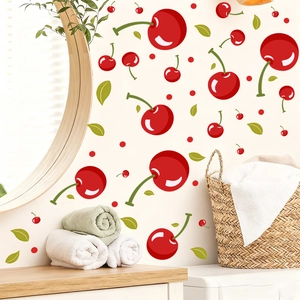 Cartoon cherry wall stickers for bedroom and kitchen decor with red fruit and green leaves