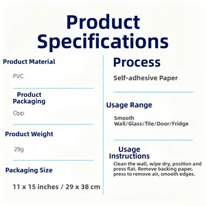 Detailed specifications of the PVC self-adhesive wall sticker showing size and materials
