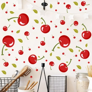 Cartoon cherry wall stickers set with green leaves for kitchen and bedroom decoration
