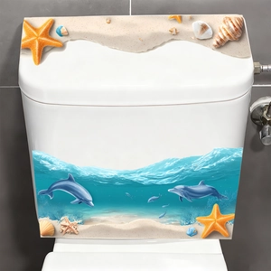 3D realistic ocean beach toilet stickers set with dolphins and starfish on white toilet lid