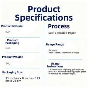 Specifications for self-adhesive PVC cherry wall decals with dimensions and usage steps