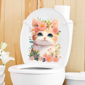 Cute ginger cat toilet lid sticker with floral wreath for cozy bathroom wall decoration