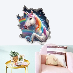 3D rainbow unicorn wall decal with broken wall effect for kids bedroom decor