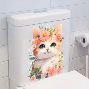 Cute ginger cat wall sticker with flower crown for bathroom and living room decor
