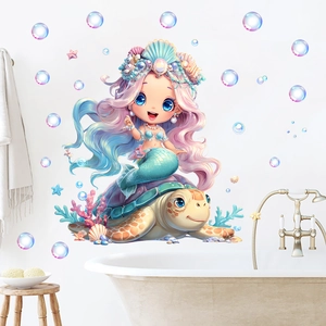 Adesivo murale fosforescente con sirena e tartaruga per la camera dei bambini