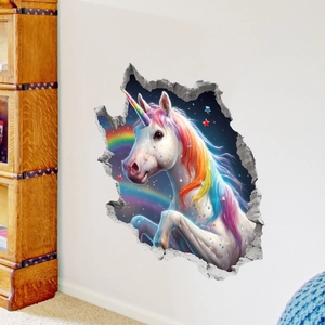 3D broken wall unicorn wall sticker with rainbow mane for kids bedroom wall decor