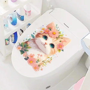 Cute ginger cat toilet lid sticker with floral wreath for cozy home bathroom decor