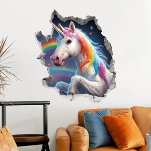 3D broken wall unicorn wall sticker with rainbow and starry sky for home decoration