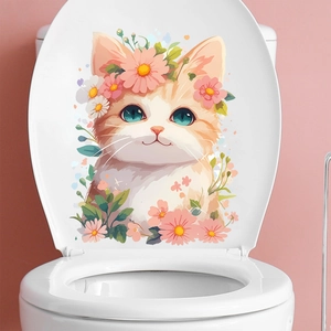 Cute orange cat toilet lid sticker with pink flowers for home and bathroom decoration