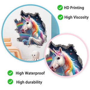 Detail showing waterproof HD printing and high viscosity of the 3D unicorn wall sticker