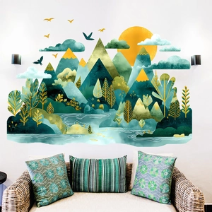 Chinese Style Landscape Wall Sticker Gold Stamping Mountain Sun Bird PVC Self Adhesive Wall Decals For Living Room Decor