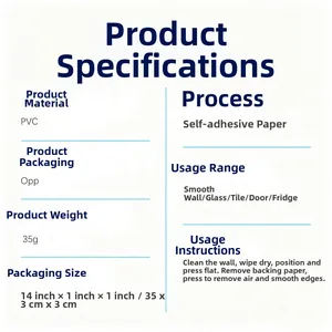 PVC self-adhesive wall sticker specifications with packaging dimensions and 35g net weight
