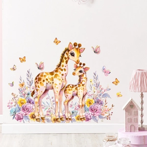 Cartoon Giraffe Mother And Baby Wall Stickers Watercolor Butterfly Flower PVC Self Adhesive Decorative Decal For Kids Nursery Room Decor