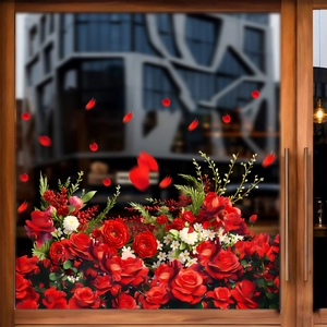 Red Rose Flower Window Cling Static PVC Sticker Waterproof HD Printed Romantic Floral Butterfly Decal For Glass Home Decor