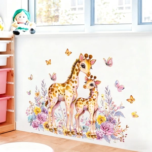 Cartoon giraffe and butterfly wall stickers for kids nursery home wall decor