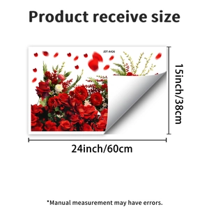 Detailed view of red rose and petal static window stickers with 24x15 inch dimensions