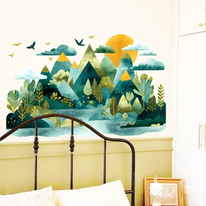 Artistic landscape wall sticker with gold mountains and sun for bedroom decor