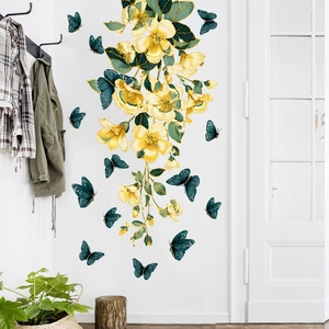 Yellow Flower And Butterfly Wall Sticker PVC Removable Self Adhesive Floral Wall Decal For Bedroom Living Room Study Home Decor