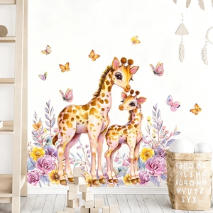 Watercolor giraffe wall stickers with butterflies and floral accents for nursery decor
