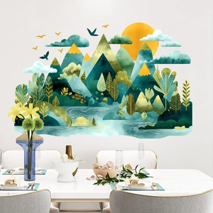 Nordic watercolor wall sticker featuring landscape mountains and golden sun art decor