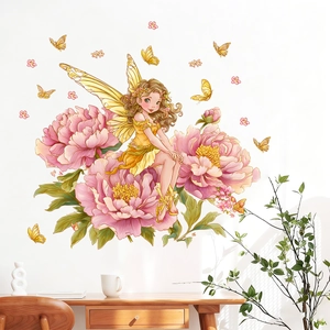 Stickers Muraux Fée des Fleurs avec Papillon Pivoine Peints à la Main en Dessin Animé Autocollants Muraux en PVC Amovibles pour Chambre d'Enfant