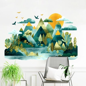 Modern Chinese style wall sticker set featuring green mountains and golden sun for home decor