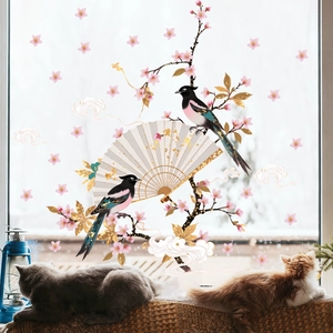 Chinese style fan and bird static glass decals with pink peach blossoms and golden accents