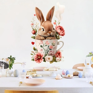 Easter Flower Cup Rabbit Wall Sticker PVC Self Adhesive Cartoon Bunny Floral Decal For Kids Room Living Room Bedroom Home Decor