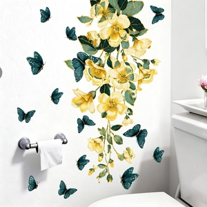 Retro floral wall decals with yellow flowers and green butterflies for bedroom decor