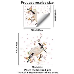 Detail view of oriental fan and bird wall stickers with layouts and product dimensions