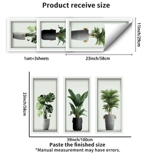 Detail view of 3D potted plant wall stickers set with dimensions and layout guides