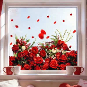 Romantic red rose window decals set with flying petals for Valentine home decoration