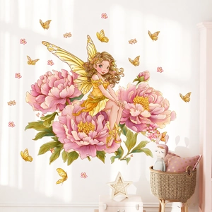 Stickers muraux fée des fleurs et pivoines créatifs pour décor de chambre d'enfant