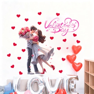 Valentine's Day Cartoon Romantic Couple Hugging Wall Sticker PVC Self Adhesive Heart Rose Pattern Decor Sticker For Bedroom Living Room