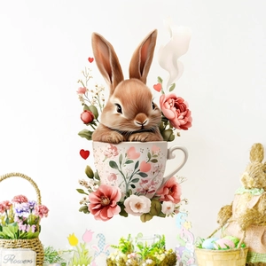 Easter rabbit in floral tea cup wall decal for cozy living room and nursery wall decor