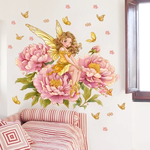 Sticker mural fée des fleurs avec papillons et pivoines pour décoration de chambre enfant