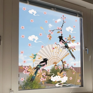 Traditional Chinese style static window film with birds fans and cherry blossoms for decor