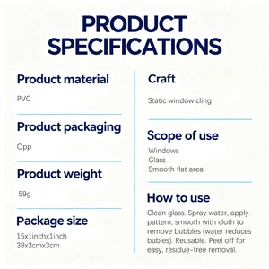 Detailed specifications of PVC static window cling with 38x3x3cm packaging dimensions