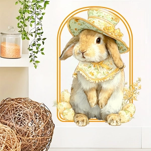 Cute Easter bunny wall sticker with floral hat and colorful eggs in a cozy bedroom decor