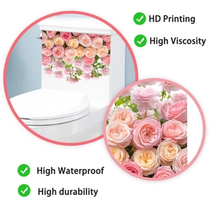 Detail of pink and champagne rose floral toilet stickers with HD printing and waterproof texture