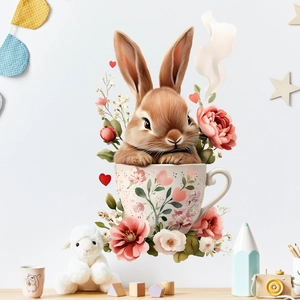 Easter bunny in floral teacup wall sticker for cozy kids room and bedroom wall decoration