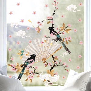 Traditional Chinese glass window stickers with cherry blossoms, fans and birds design