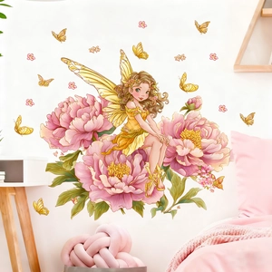 Sticker mural fée des fleurs avec pivoines roses et papillons pour chambre d'enfant