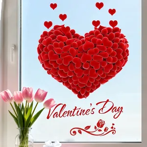 3D red heart window stickers for Valentine's Day decor with a floral gift setting