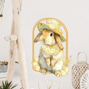 Cute Easter bunny wall sticker featuring an illustrated rabbit with floral hat and eggs
